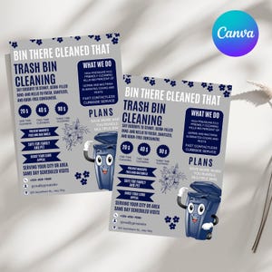 May include: Two flyers promoting trash bin cleaning services. The flyers feature a cartoon trash bin character and text detailing services, pricing, and benefits. The color scheme is primarily gray, blue, and white.