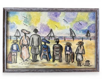Henry Saint Clair, "Famille devant la mer" Signed Pastel Gouache French Art