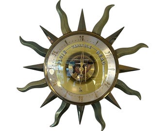 Vintage Lufft Sunburst Barometer, MCM Brass Wall Art, 1950s German Precision