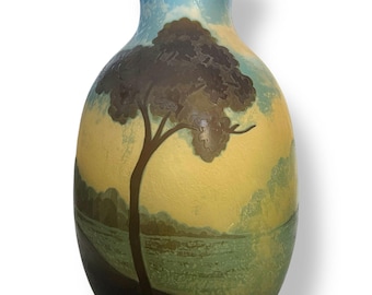 Emile Gallé Art Nouveau Glass Vase: Signed Lake & Mill Landscape, ca. 1910