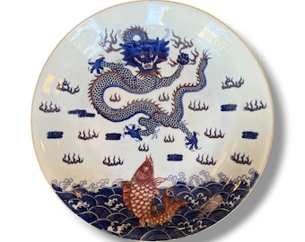 Chinese Porcelain Dragon and Carp Charger Plate - Blue and White with Iron Red Koi Fish - Kangxi Mark Qing Dynasty Style