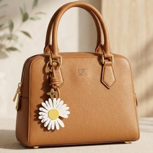May include: A tan leather handbag with a top handle and a daisy-shaped charm. The bag has a structured shape, a zipper closure, and gold-toned hardware. The daisy charm features white petals and a yellow center.