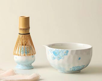Hand-Painted Hydrangea Matcha Set: Japanese Tea Ceremony Kit
