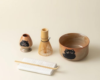 Black Cat Matcha Tea Set: Kawaii Ceramic Bowl, Bamboo Whisk & Holder