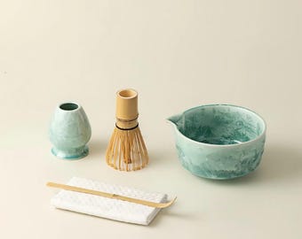 Matcha-theeset met kristallijn glazuur: Japanse katakuchikom, ambachtelijk cadeau
