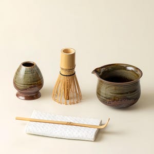 Rustic Matcha Tea Set: Spouted Bowl, Ceramic Chawan, Bamboo Whisk