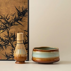 Handmade Ribbed Ceramic Matcha Set: Bowl, Whisk, Scoop & Holder