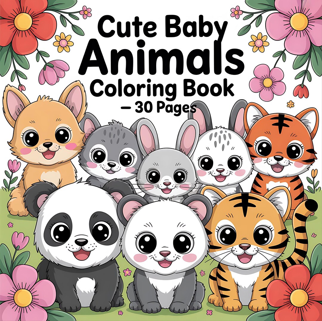 Cute Baby Animals Coloring Book, 30 Adorable Kawaii Animal Pages ...