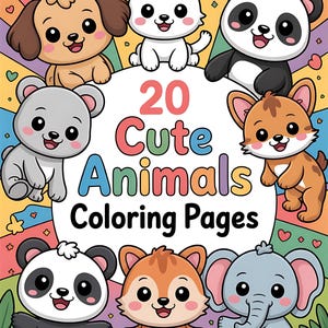 Cute Animals Coloring Book for Kids – 20 Kawaii Animal Pages, Printable Digital Download