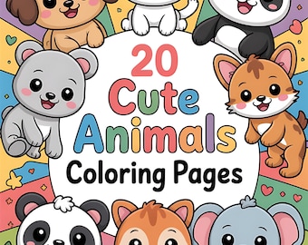 Puede incluir: Portada de libro para colorear infantil con ilustraciones de animales de dibujos animados, incluyendo un perro, un conejo, un panda, un oso, un zorro y un elefante. El texto dice "20 Cute Animals Coloring Pages".