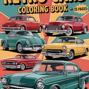 Retro Cars Coloring Book, 15 Vintage Car Pages, Printable Classic Cars, Realistic Line Art Coloring Pages for Adults & Teens