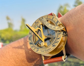 Brass Sundial Compass Handmade Leather Band/Wrist Compass and Nautical Sundial Watch/Gift for Him