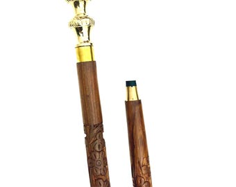 Handmade Brass Handle Walking Cane | Antique Style Wood Stick