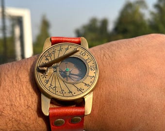 Brass Steampunk Compass & Sundial Wrist Watch – Handmade Vintage Nautical Timepiece, Unique Husband Gift, Collectible Adventure Watch.