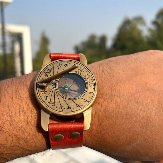 Brass Steampunk Compass & Sundial Wrist Watch – Handmade Vintage Nautical Timepiece, Unique Husband Gift, Collectible Adventure Watch.