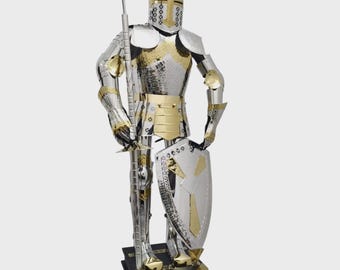 Silver Gold Knight Armor Suit – Medieval Stainless Steel Display Piece