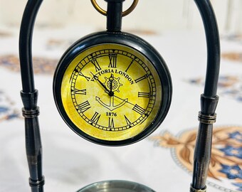 Nautical Brass Desk Pendulum Clock, Unique Groomsmen Gift, Working Dual Instrument
