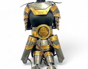 カスタムファンタジードワーフ戦士アーマー｜金色のアクセント付きスチールLARPキット｜中世再現ギア
