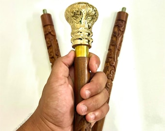 Antique Style Brass Floral Engraved Knob Handle Wooden Walking Stick | Decorative Victorian Handmade Vintage Carved Gentleman's Cane