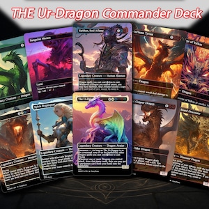 Puede incluir: Un conjunto de cartas coleccionables de fantasía con dragones y criaturas míticas. Las cartas presentan ilustraciones vibrantes y textos como "The Ur-Dragon Commander Deck" y nombres de criaturas como "Sanguine Morass" y "Elder Dragon".