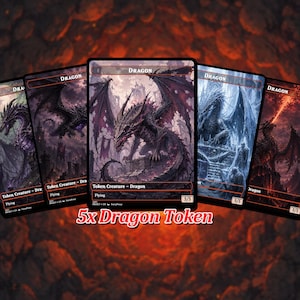 May include: Five fantasy art Dragon Token cards. Each card features a different dragon illustration in shades of purple, black, and red. The cards are labelled "Dragon" at the top and "Token Creature - Dragon" at the bottom.