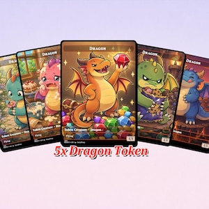 May include: Five fantasy-themed Dragon Token cards. Each card features a different cartoon dragon illustration in various colours, holding items like gems and cookies. The text "5x Dragon Token" is displayed at the bottom.