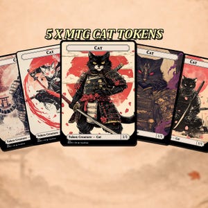 May include: Five MTG Cat Tokens. Each card features a different illustration of a cat in samurai attire, set against a red and white backdrop. The word "CAT" is at the top of each card, with "5 X MTG CAT TOKENS" displayed above.