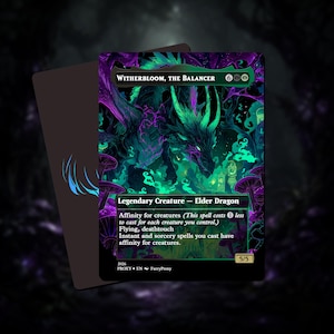 May include: A collectible card with a dragon illustration in green and purple tones. The card is titled "Witherbloom, The Balancer" and has text detailing its abilities. The card is a 5/5 and is a Legendary Creature - Elder Dragon.