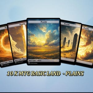 May include: A set of ten MTG Basic Land Plains cards. Each card displays unique landscape art, such as a sunset over a field, a fiery vortex, and a stone monument scene. The cards have black borders and the word "Plains" at the top.