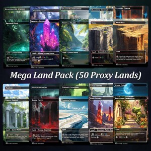 May include: A collection of 50 proxy land cards, featuring various fantasy landscapes. The cards showcase vibrant artwork of forests, mountains, and mystical locations, with text indicating land types and abilities. The set is labeled "Mega Land Pack".