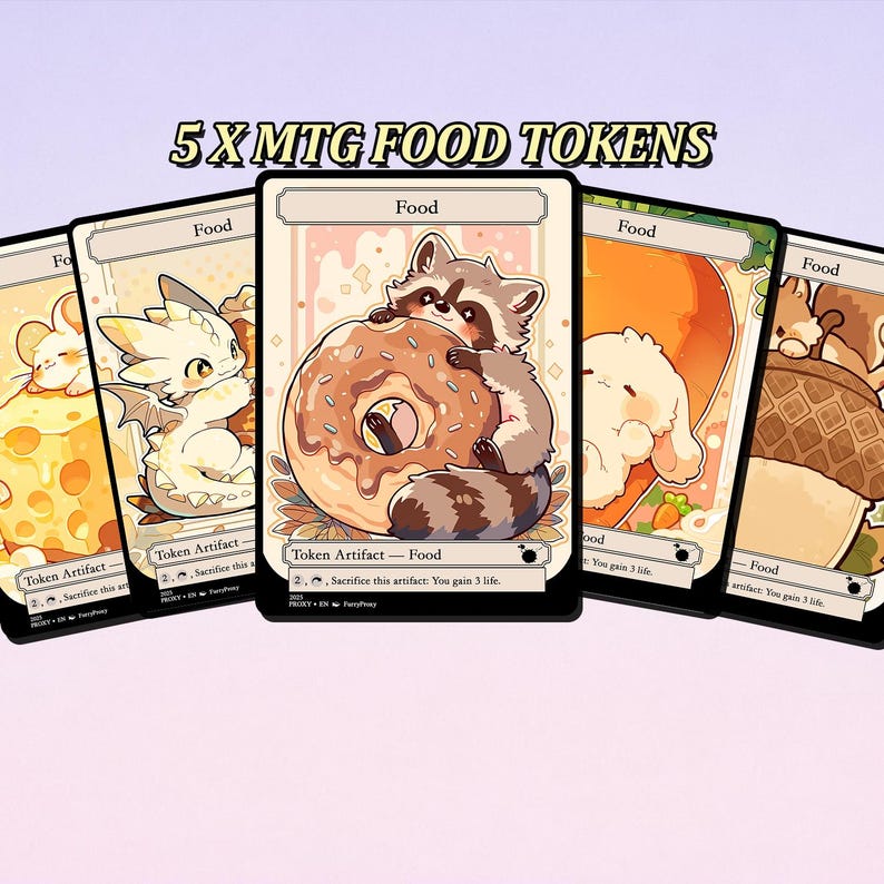 Set of 5 MTG Tokens inspired by Bloomburrow, featuring cute animal-themed Magic The Gathering token cards including raccoon, mouse, rabbit, squirrel, and dragon characters