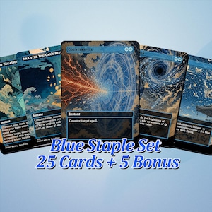 May include: A collection of five rectangular trading cards featuring blue-toned artistic illustrations of cosmic and oceanic themes. The central card is titled Counterspell. Text at the bottom reads Blue Staple Set 25 Cards + 5 Bonus.