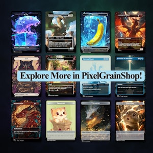 May include: A collection of fantasy-themed trading cards, featuring various creatures and spells. The cards showcase vibrant illustrations of a rat, dragon, cat, and other fantastical elements. The text "Explore More in PixelGrainShop!" is displayed across the center of the image.