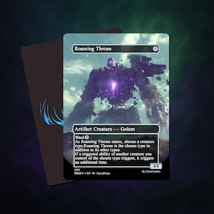 May include: A trading card featuring a towering purple golem with the text "Roaming Throne." The card has a dark background and includes the text "Artifact Creature - Golem" and "Ward 2."