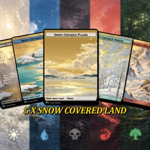 May include: Five trading cards featuring snowy landscapes. The cards display images of snow-covered plains, forests, and mountains under a golden sky. The text "SNOW-COVERED LAND" is at the bottom of the image.
