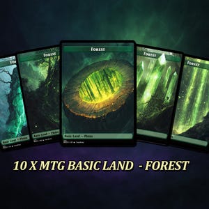 May include: A collection of five "Forest" Magic: The Gathering cards. Each card features a unique, detailed landscape illustration in shades of green and brown. The text "10 X MTG BASIC LAND - FOREST" is displayed at the bottom.