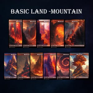 Puede incluir: Una colección de diez cartas "Basic Land - Mountain". Cada carta presenta un paisaje montañoso único y ardiente, con tonos rojos, naranjas y negros. El texto "MOUNTAIN" está en la parte superior de cada carta.