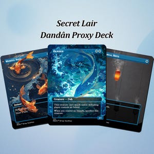 May include: Three Magic: The Gathering Dandân Proxy Deck cards. The central card features a blue fish in water, labelled "DANDAN". The other cards show koi carp and a lantern. The text "Secret Lair Dandân Proxy Deck" is at the top.