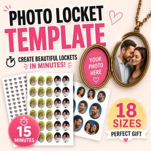 Peut inclure: Un kit de modèle de médaillon photo comprenant un médaillon ovale en bronze avec une chaîne, affichant la photographie d'un couple. Le kit inclut des feuilles imprimées avec diverses découpes photo ovales de personnes et de chats, avec le texte PHOTO LOCKET TEMPLATE.