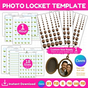 Puede incluir: Plantilla de medallón de fotos con varios tamaños y diseños. Incluye un medallón de bronce con una foto y varias hojas de pegatinas fotográficas. El texto incluye "1 hora", "18 tamaños 4x6", "Tamaño personalizado listo" y "Descarga instantánea".