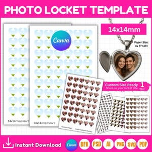 May include: Photo locket template with a heart-shaped pendant, 14x14mm. Includes printable sheets of heart-shaped images and a locket with a photo. The image also includes the text "Instant Download" and "Canva".