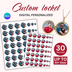 May include: A gold custom locket with a photo inside, shown with printed photo stickers. The text reads "Custom locket" and "Digital Personalized". A red circle indicates a 30-minute turnaround time, with "Up to 20+ Sizes" below.