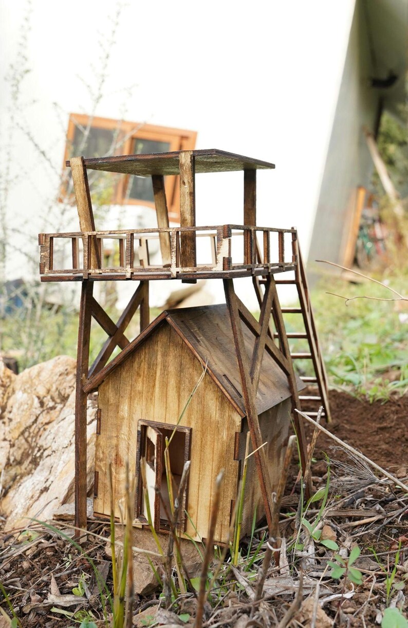 Wooden Watchtower Cabin Kit – Rustic DIY Miniature Tower House – Laser ...