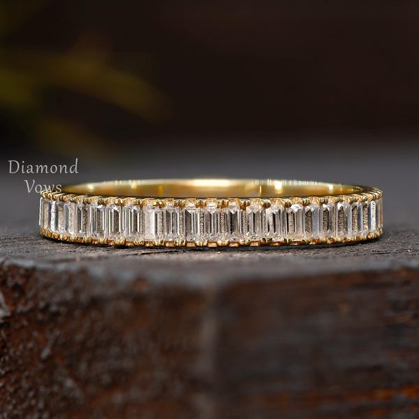 Anello nuziale con baguette, fede nuziale a fascia completa con baguette verticale, anello di fidanzamento con diamanti creati in laboratorio, anello minimalista con moissanite a baguette