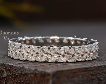 Anillo de boda de diamantes cultivados en laboratorio con banda de moissanita marquesa de dos filas, anillo de eternidad completo, anillo apilable de novia, regalo de aniversario de oro de 14 quilates para ella.