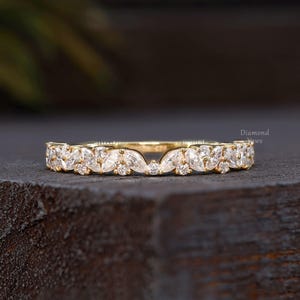 Unique Open Gap Cuff Wedding Band Marquise & Round Lab Grown Diamond Half Eternity Band Matching Stackable Band Vintage Anniversary Ring