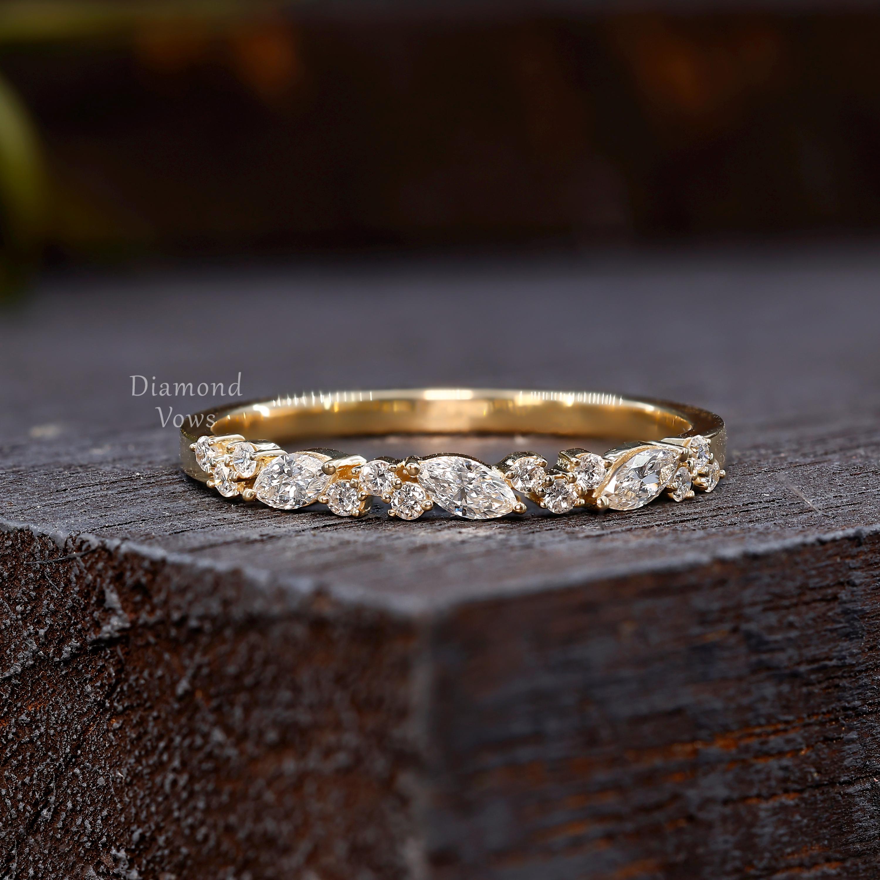 Half Eternity Moissanite Wedding Band Unique 14K Gold Vintage Delicate ...