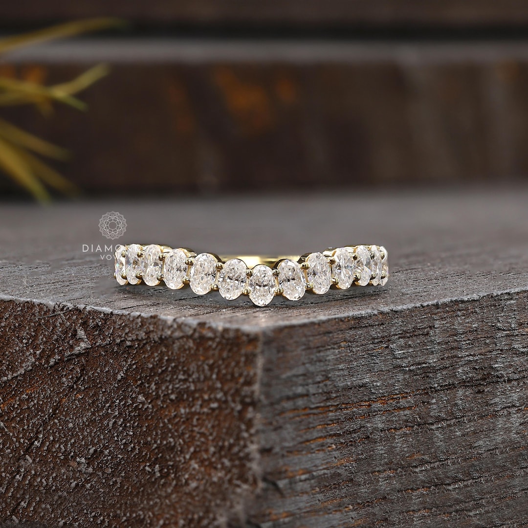 Curved Wedding Band Oval Cut Moissanite Wedding Band Unique Yellow Gold ...