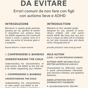 Può includere: Guida per genitori con il titolo "Comportamenti da evitare". Il testo affronta gli errori comuni da non fare con figli con autismo lieve e ADHD. Il testo è in nero su sfondo bianco, con titoli e sottotitoli.