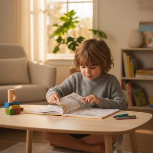 Peut inclure: Un jeune enfant en pull gris est assis à une table en bois clair, lisant un livre avec des illustrations colorées. Des blocs de bois et des crayons de couleur sont également sur la table. La pièce a une palette de couleurs neutres avec de la lumière naturelle.